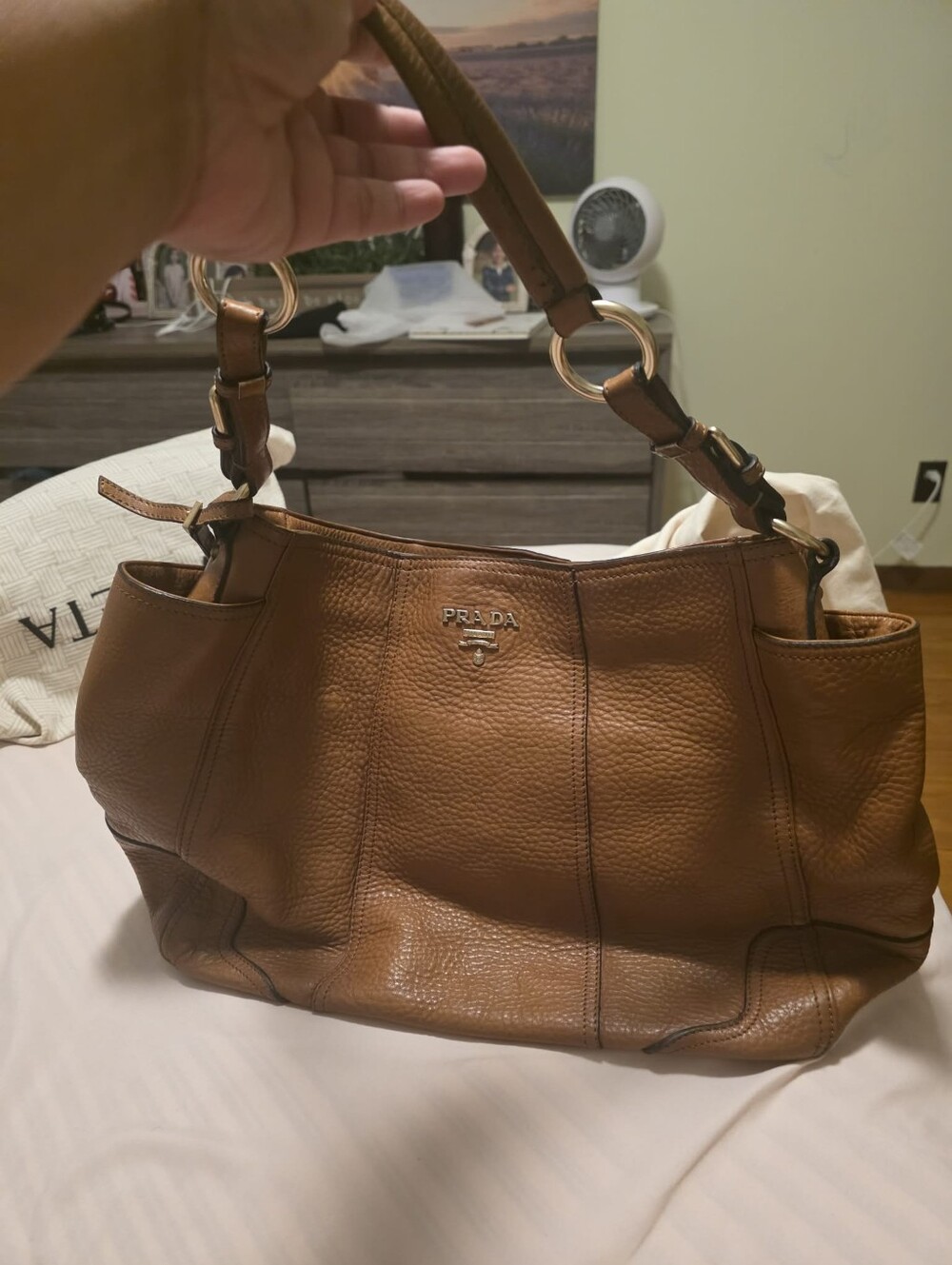 Prada Tan Pebbled Leather Deer Skin Shoulder Bag with Gold Rings